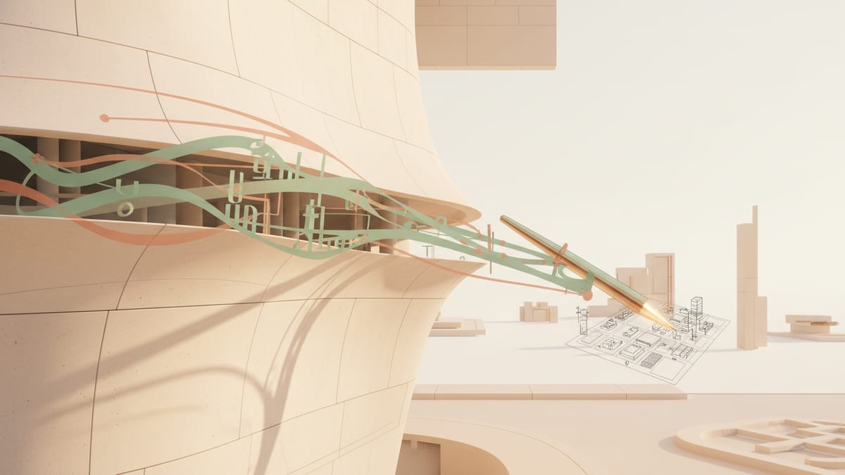 Editorial illustration for the article Architecture + AI: The Studio Tool That’s Quietly Becoming the New Pencil, showing architecture and the built environment