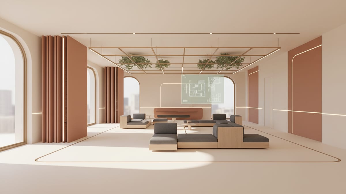 Editorial illustration for the article Boosting Profitability in Interior Architecture with Flexibility and Technology, showing interior architecture and space planning