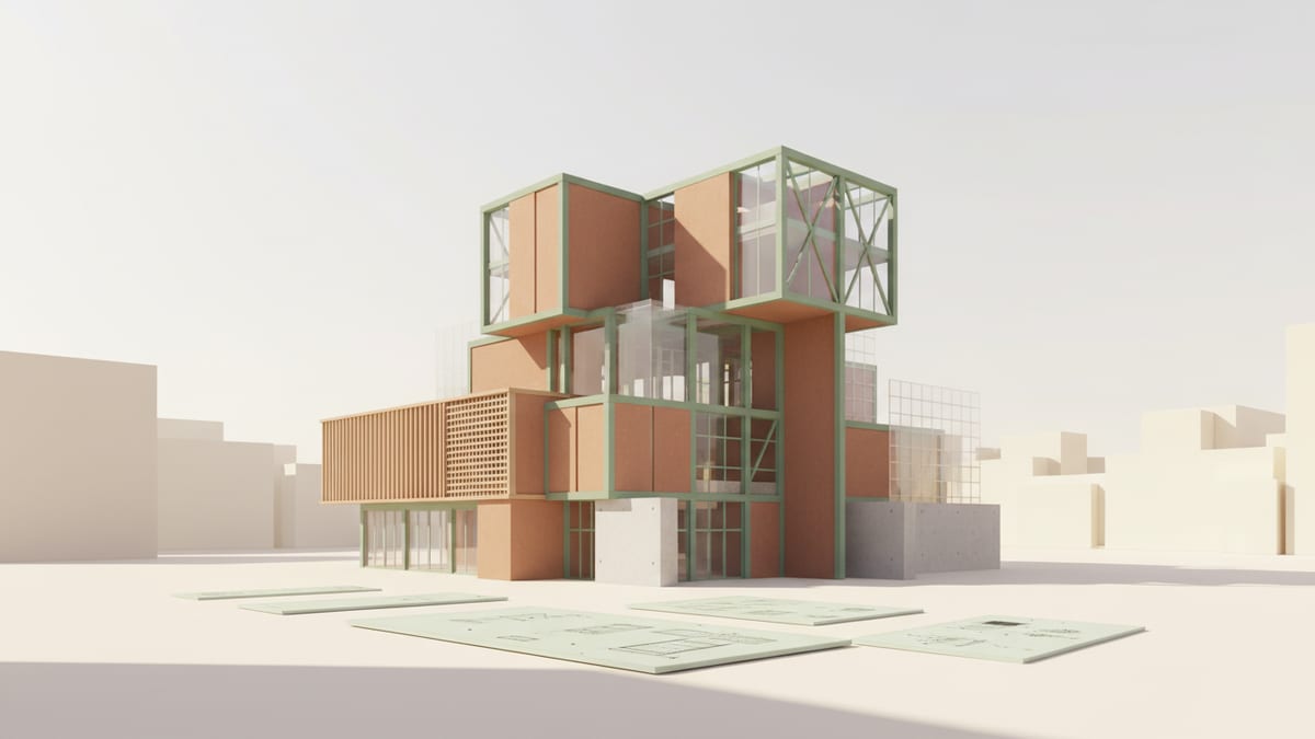 Editorial illustration for the article Cutting Edge Building Materials and Construction Techniques for Architecture Students, showing building materials and construction methods