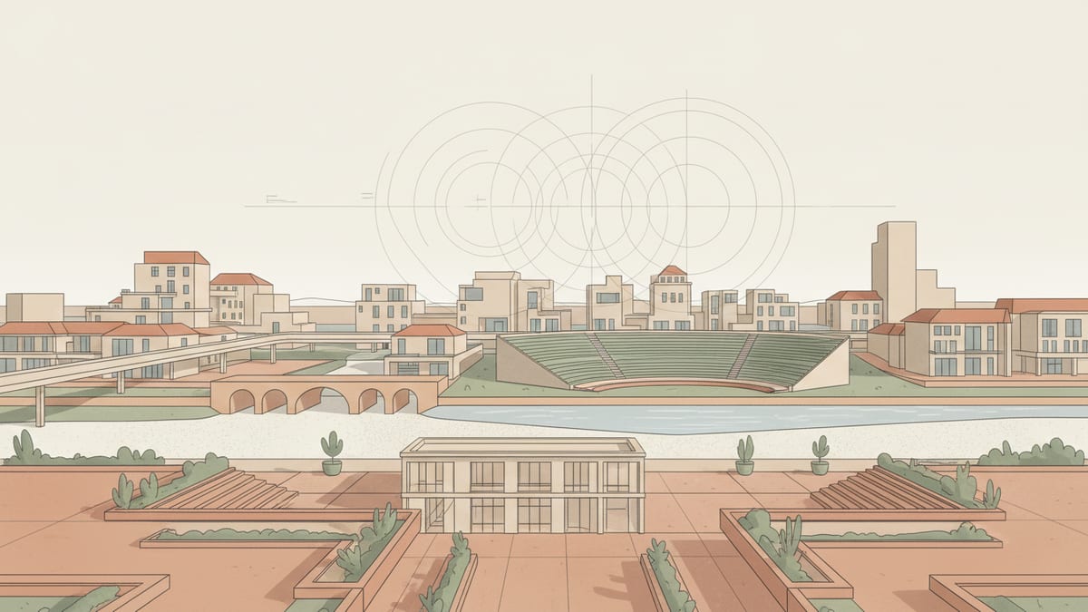 Editorial illustration for the article Delivering Resilient Public Spaces: Urban Planning Challenges and Solutions, showing urban planning and the public realm