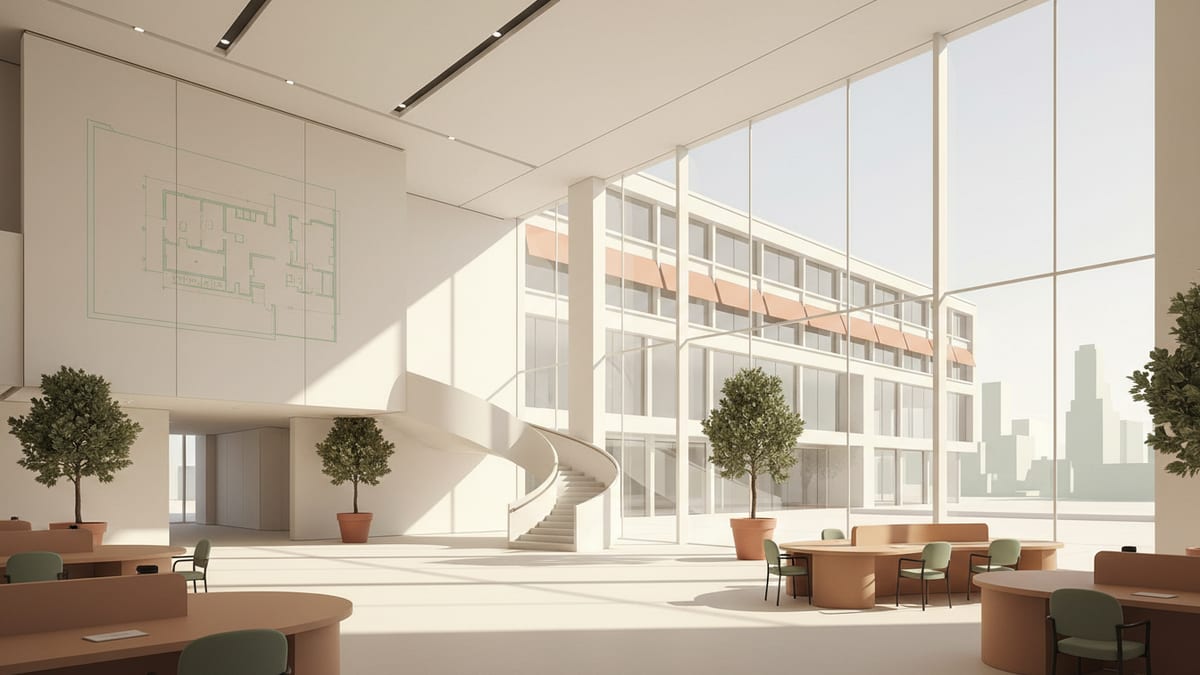 Editorial illustration for the article Designing Future Ready Commercial Interiors: Balancing Flexibility, Well being, and Sustainability, showing workplace and commercial interiors