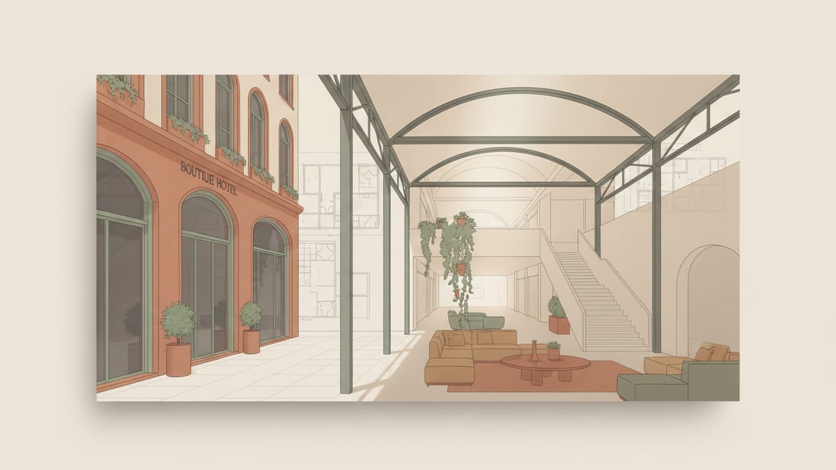 Editorial illustration for the article Designing Human Centric Hospitality and Retail Spaces, showing hospitality and retail environments