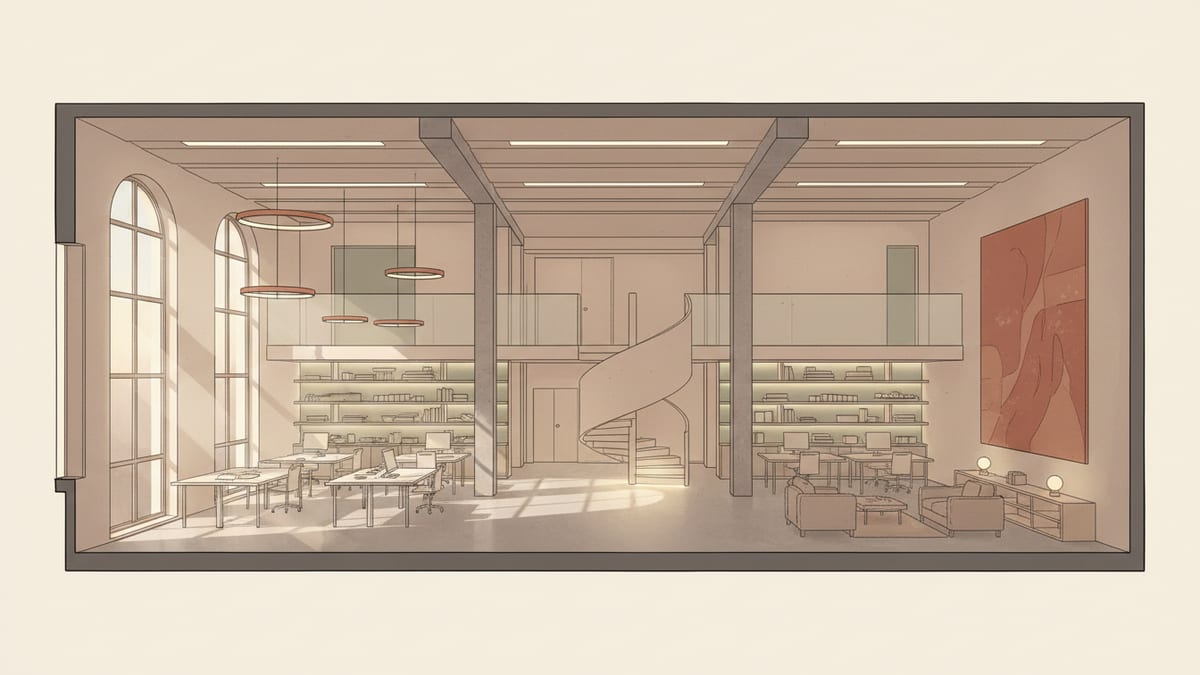 Editorial illustration for the article Elevating Design Studios with Human Centric and Layered Lighting, showing lighting design and atmosphere