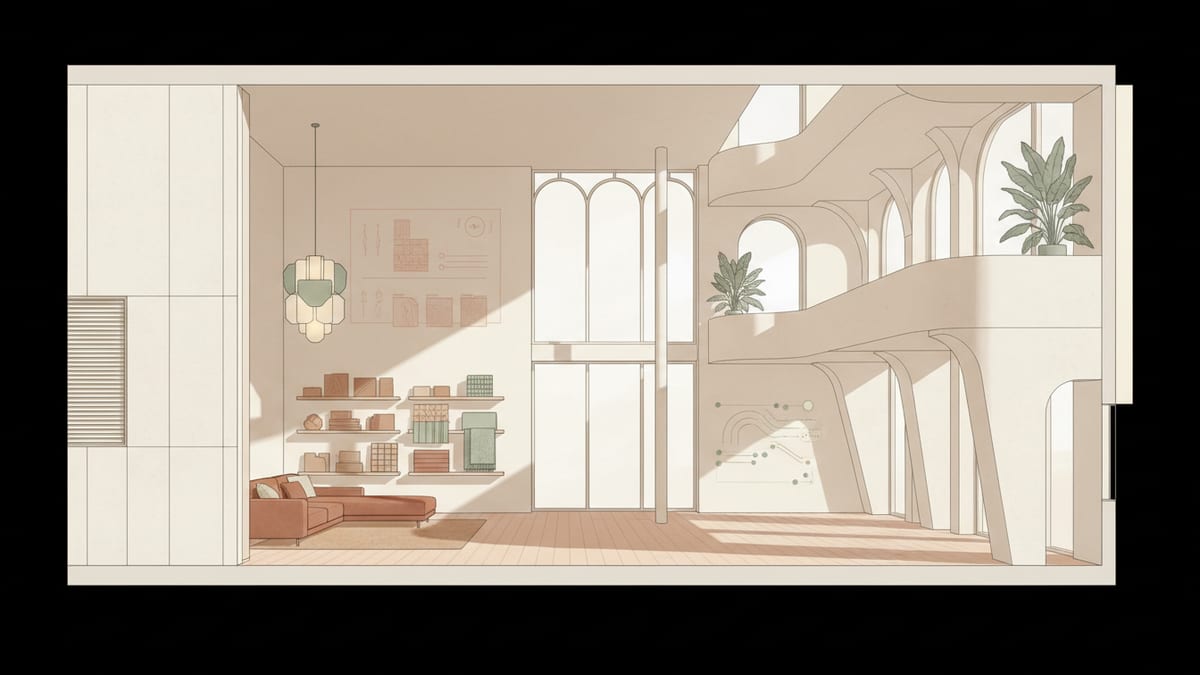 Editorial illustration for the article Enhancing Post Occupancy Performance: Material and Lighting Choices for Interior Designers, showing post occupancy performance and building in use