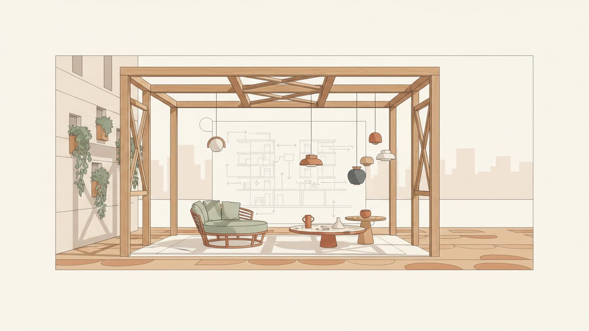 Editorial illustration for the article Exploring Circularity in FF&E: A Guide to Sustainable Interior Design, showing furniture, fixtures, and equipment specification