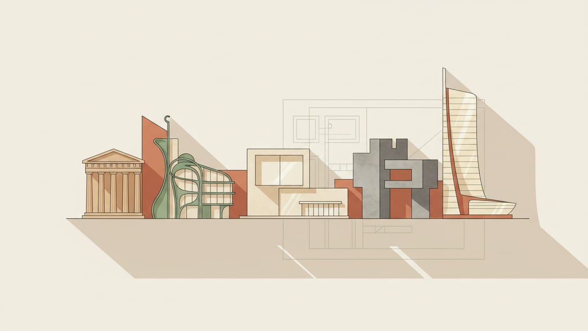 Editorial illustration for the article Exploring the Nexus of Space, Form, and Human Interaction in Modern Architecture, showing architectural history and movements