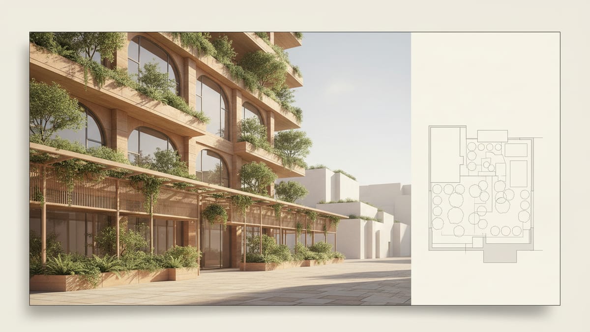Editorial illustration for the article Integrating Biophilic Design and Natural Materials in Architecture: Detailed Guidance for Project Architects, showing biophilic design and natural materials