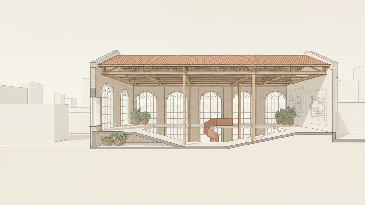 Editorial illustration for the article Integrating Sustainable Materials in Adaptive Reuse: A Guide for Interior Designers, showing adaptive reuse and renovation