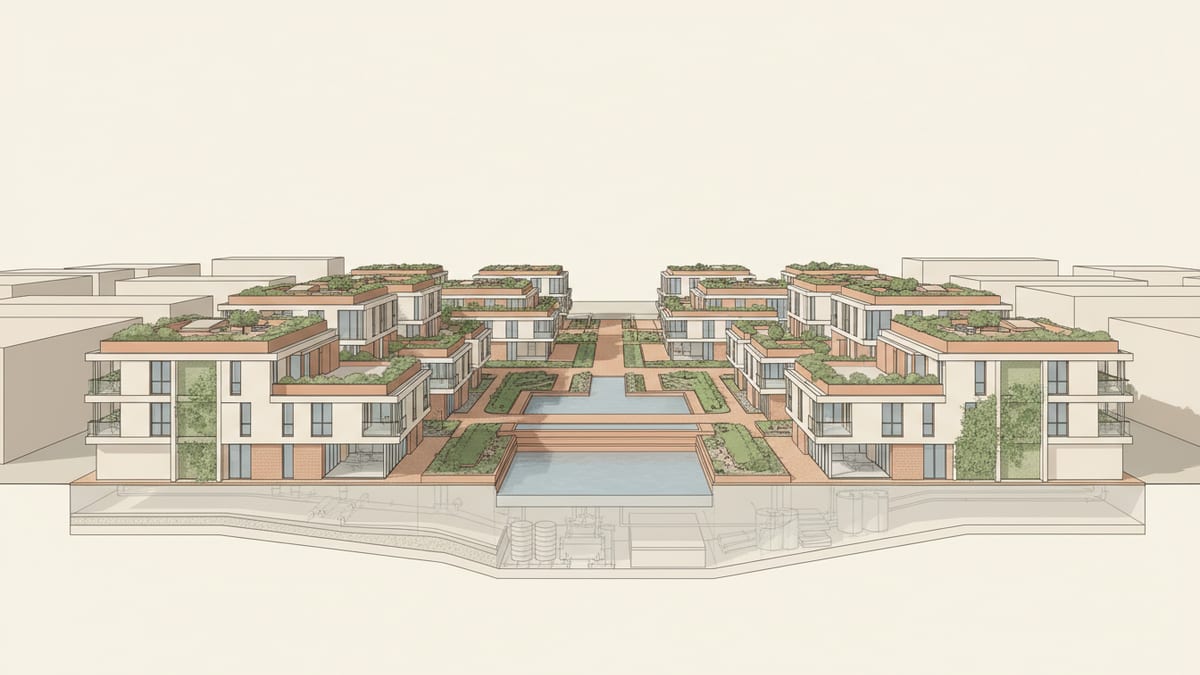 Editorial illustration for the article Integrating Water Sensitive Urban Design into Modern Architectural Projects, showing water, drainage, and site engineering