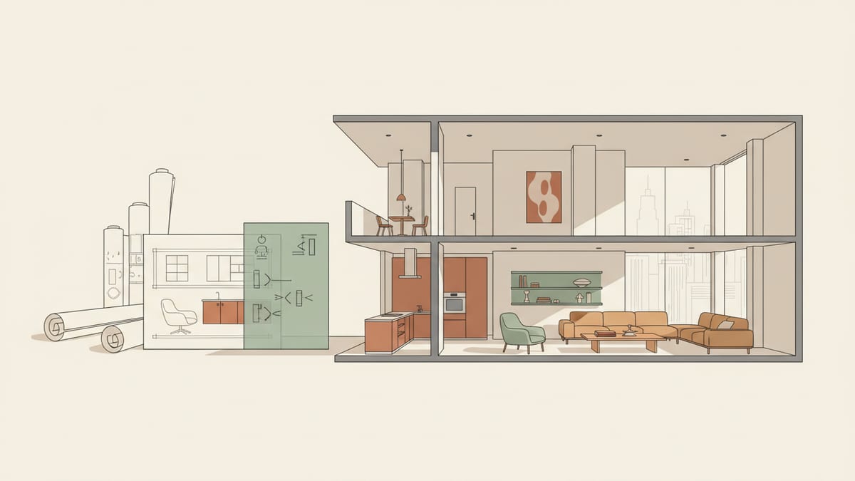 Editorial illustration for the article Mastering FF&E Specification in 2025: Balancing Design, Budget, and Compliance, showing furniture, fixtures, and equipment specification