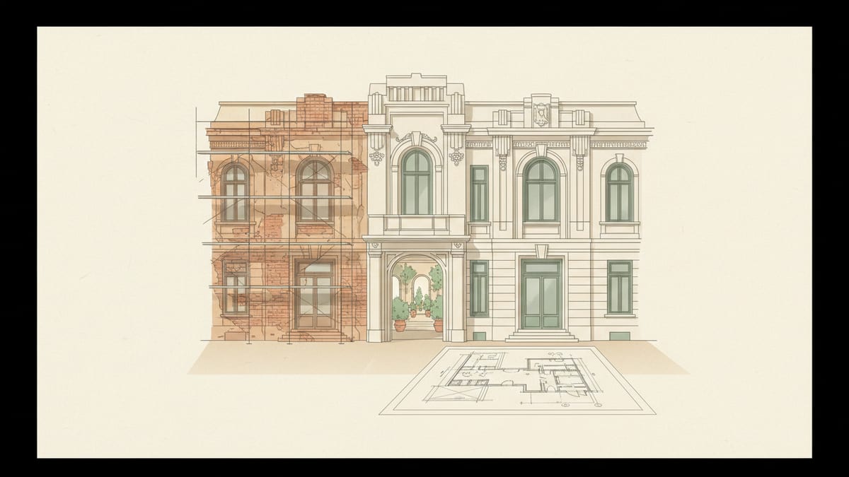 Editorial illustration for the article Mastering Heritage Conservation and Restoration: Profitable Strategies for Architectural Practices, showing heritage conservation and restoration