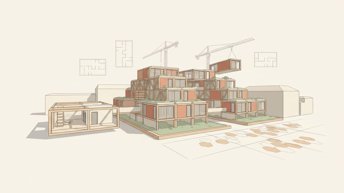 Editorial illustration for the article Mastering Modular Construction: A Guide for Small Design Studios, showing modular, prefabricated, and offsite construction