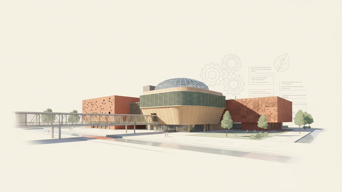 Editorial illustration for the article Navigating Building Codes and Sustainability in Civic Architecture, showing civic, cultural, and public buildings