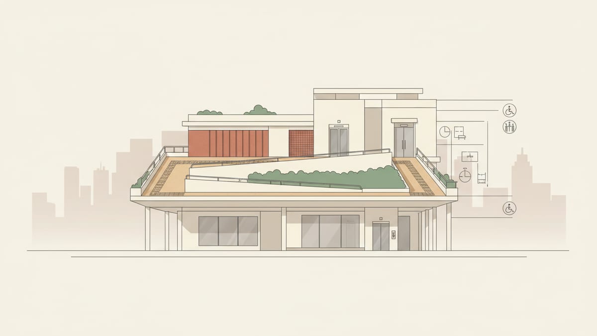 Editorial illustration for the article Navigating New Accessibility Standards in Architecture: What Designers Need to Know, showing building codes, safety, and accessibility
