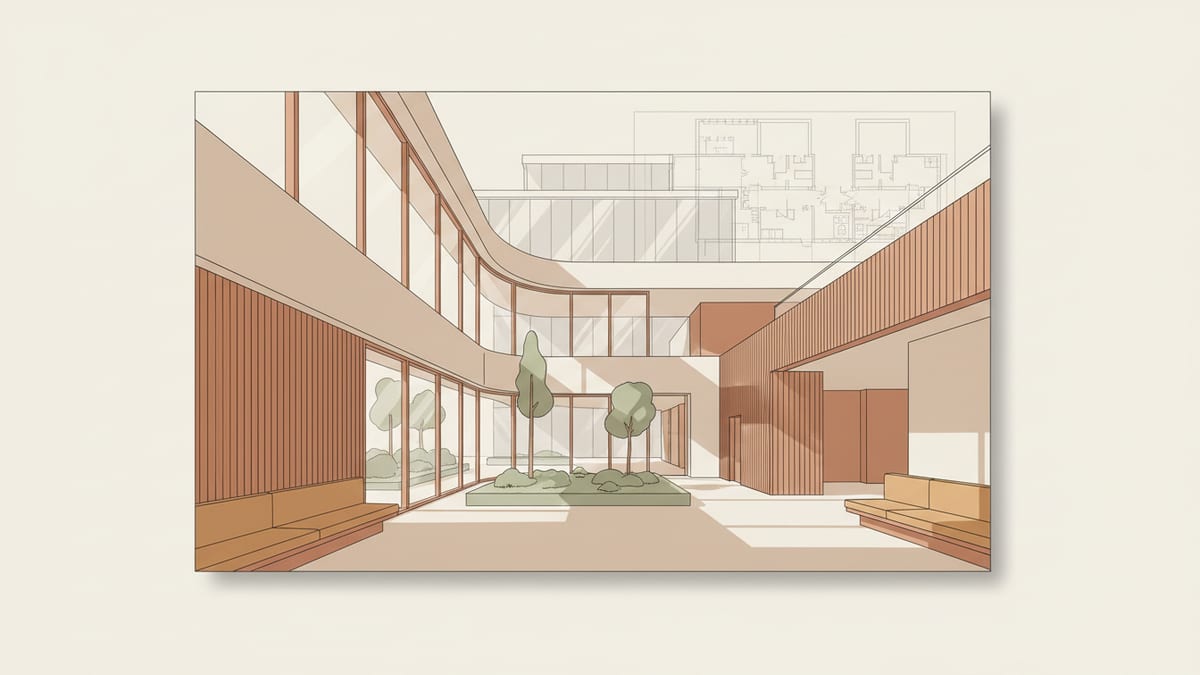 Editorial illustration for the article Selecting Materials and Finishes for Healthcare Interiors in 2026, showing healthcare and wellness architecture