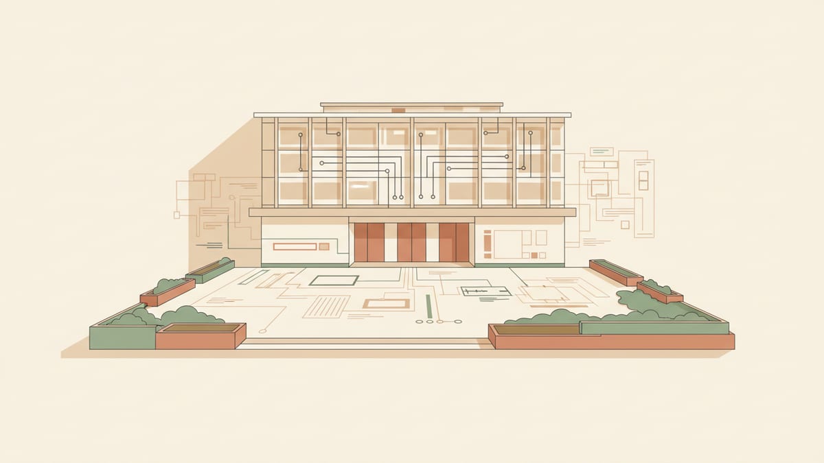Editorial illustration for the article Smart Building Technology: Navigating Opportunities and Challenges for Architecture Practices, showing smart buildings and building technology