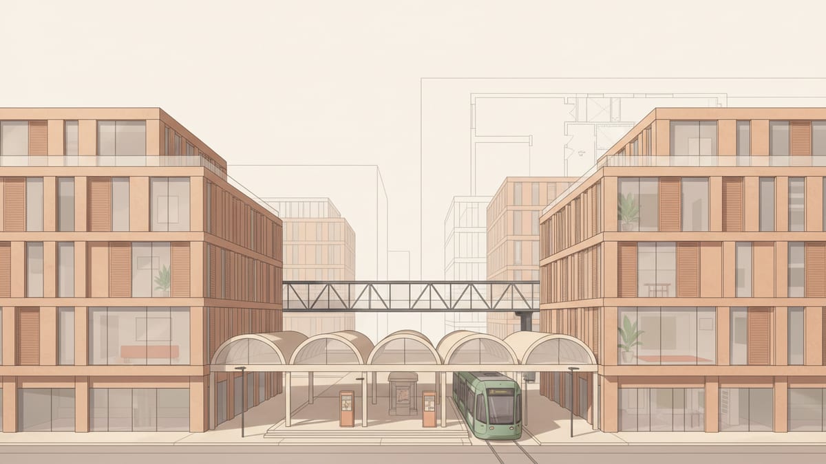 Editorial illustration for the article Specification Details for Sustainable Interiors in Mixed Use Developments, showing mixed use and transit oriented development