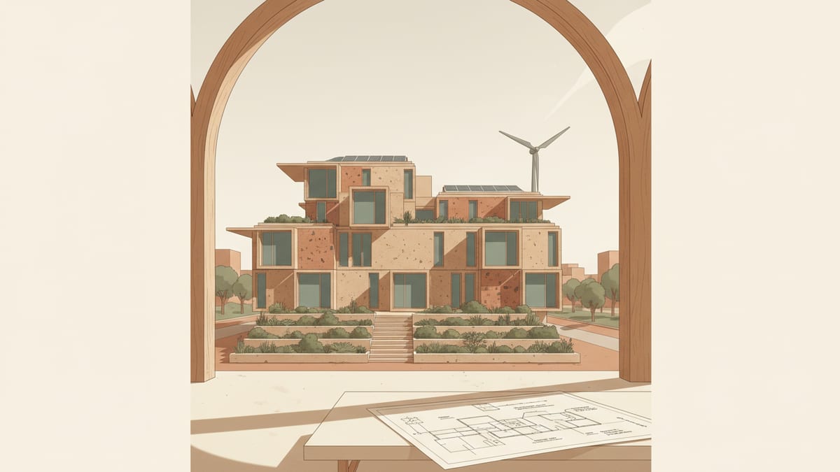 Editorial illustration for the article Sustainable Design: Winning Projects and Delivering Profitably, showing sustainable and low carbon design