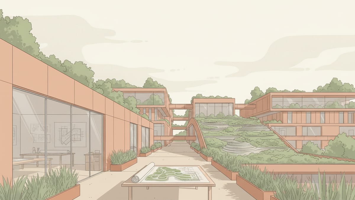 Editorial illustration for the article Transforming Small Design Studios with Sustainable Landscape Architecture, showing landscape architecture and green space