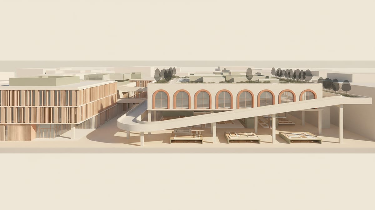 Editorial illustration for the article Winning School and Library Projects in 2026: Strategies for Architects, showing schools, libraries, and learning spaces